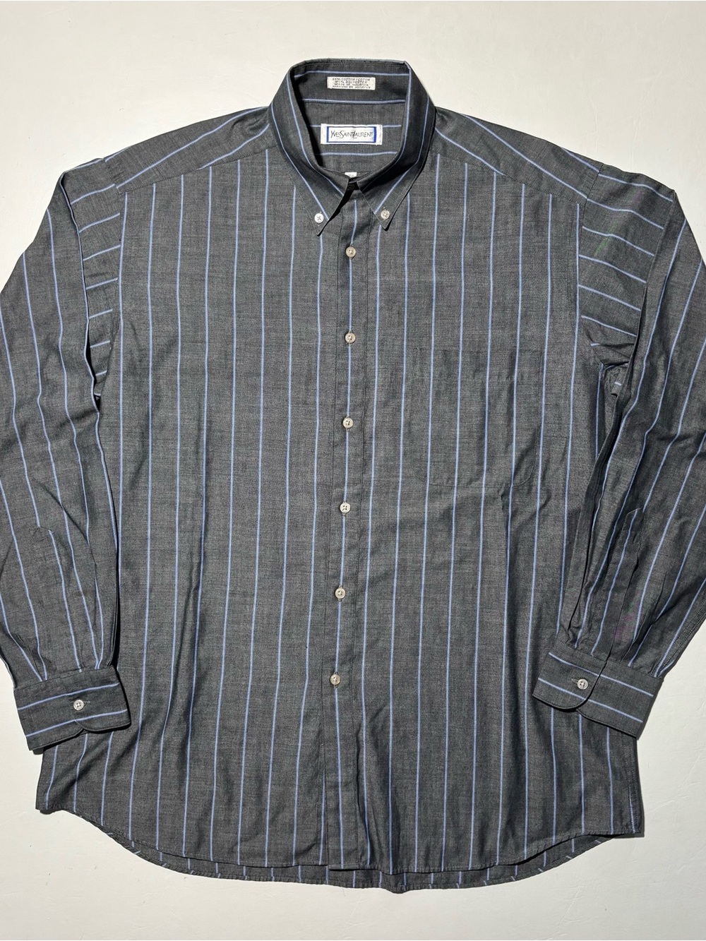 Yves Saint Laurent Men's Black Button-Down Shirt with Blue Pinstripes